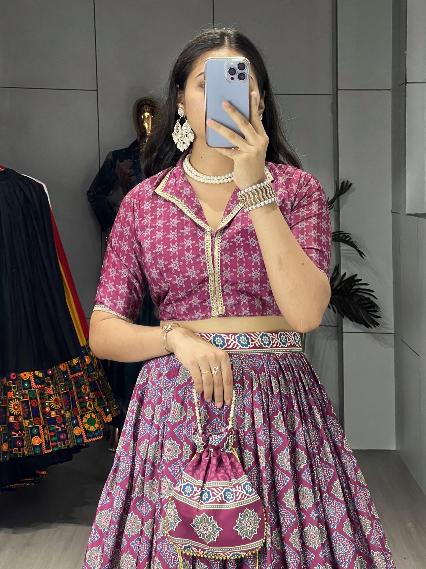 Ajrakh Printed Pure Silk Crape Lehenga Set with Potli Purse