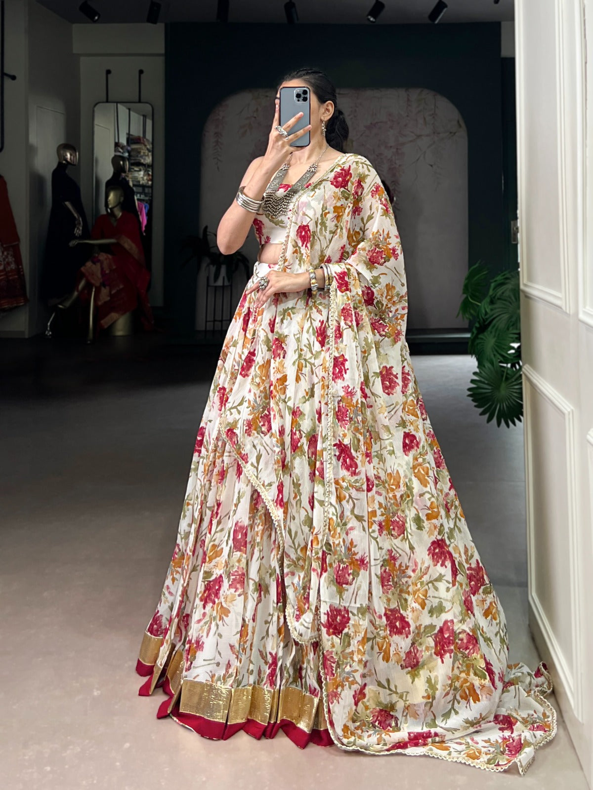 Floral Printed Chiffon Ghaghra Choli Set with Foil and Gotta Patti Work With Dupatta