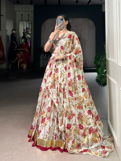 Floral Printed Chiffon Ghaghra Choli Set with Foil and Gotta Patti Work With Dupatta