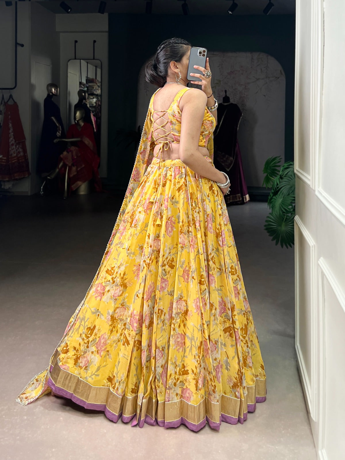 Floral Printed Chiffon Ghaghra Choli Set with Foil and Gotta Patti Work With Dupatta