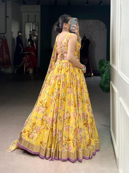 Floral Printed Chiffon Ghaghra Choli Set with Foil and Gotta Patti Work With Dupatta