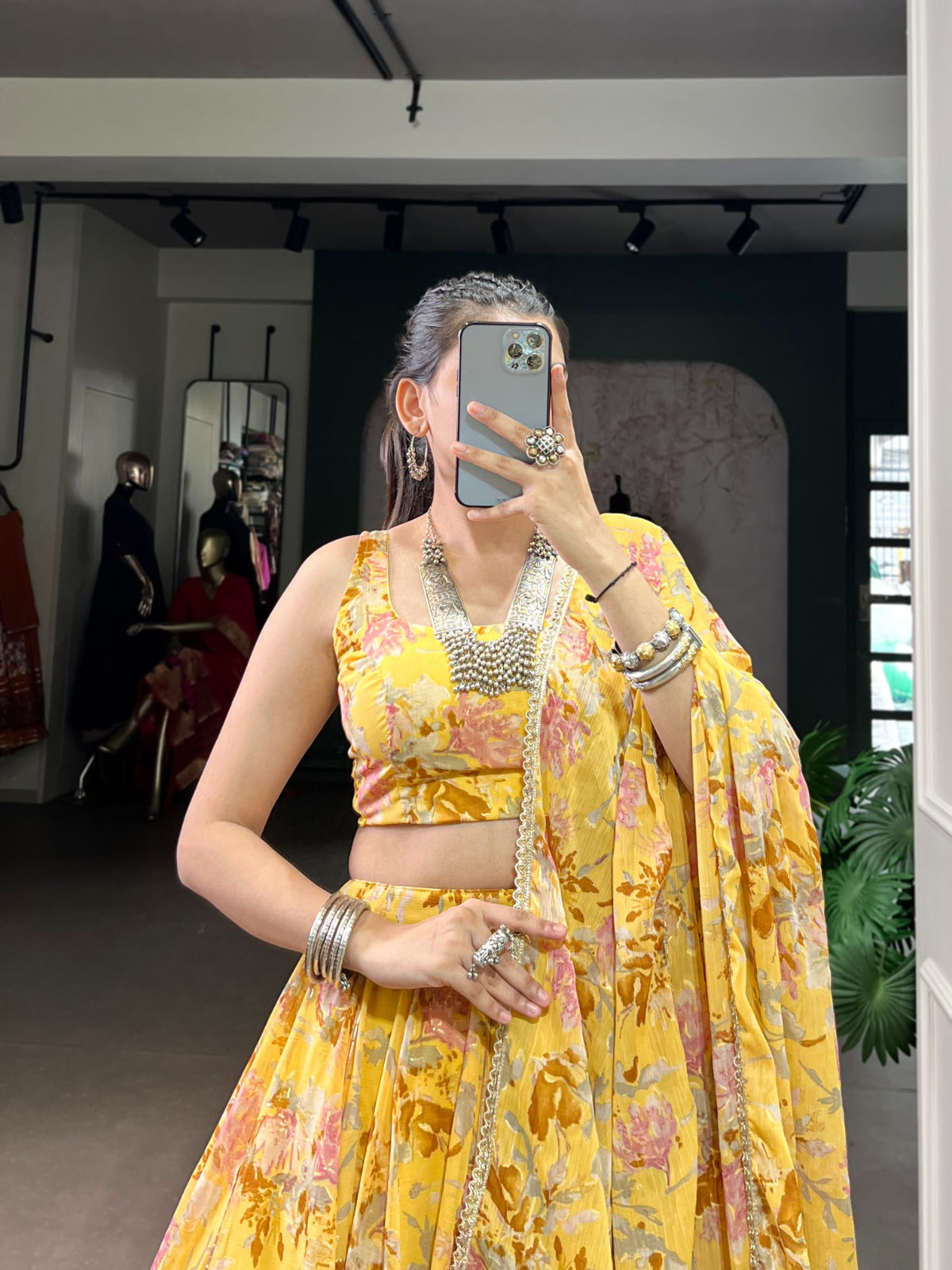 Floral Printed Chiffon Ghaghra Choli Set with Foil and Gotta Patti Work With Dupatta