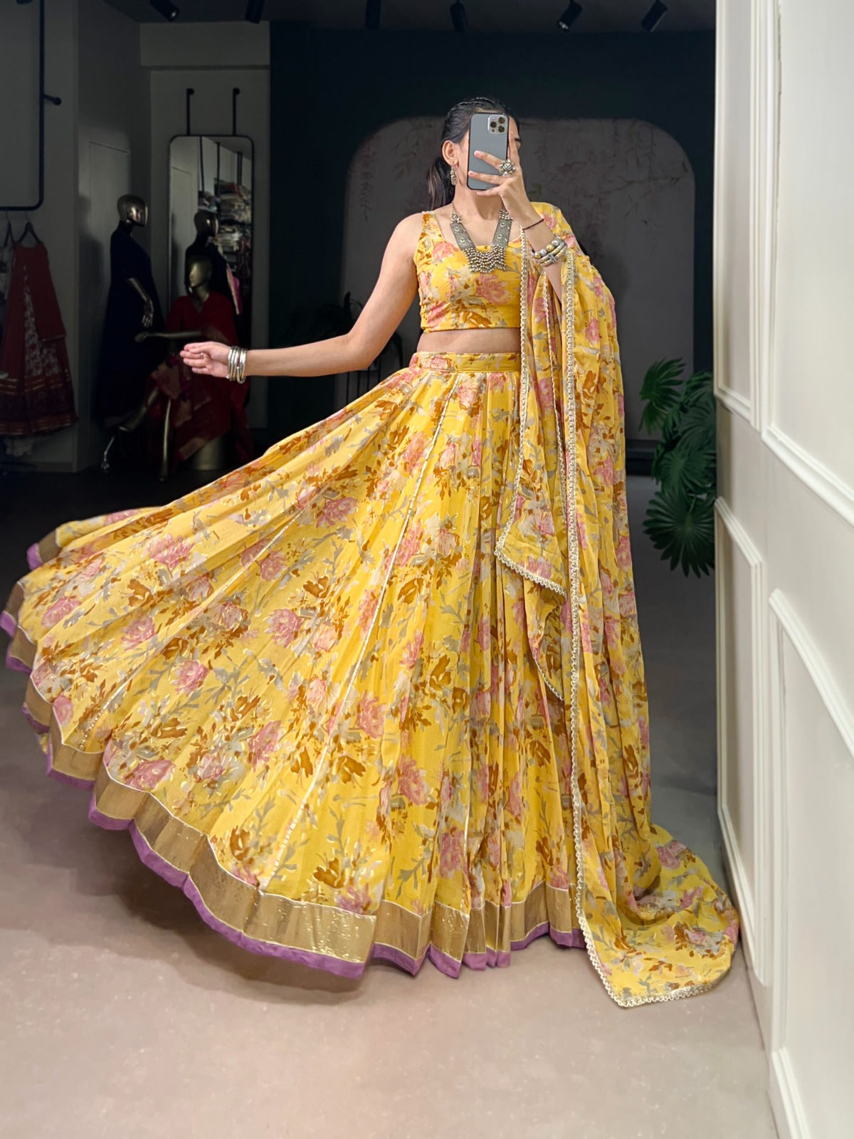 Floral Printed Chiffon Ghaghra Choli Set with Foil and Gotta Patti Work With Dupatta