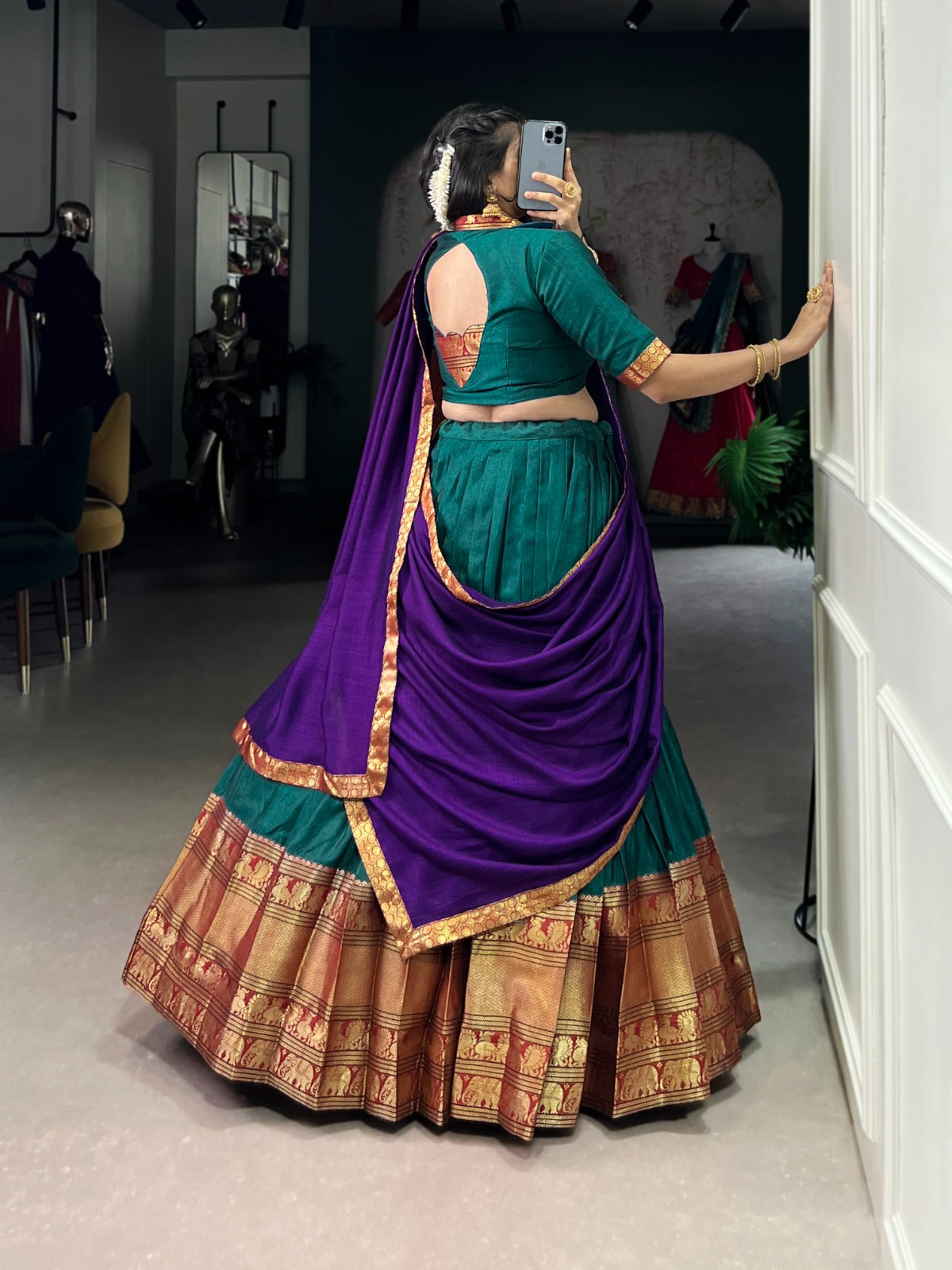 Traditional Narayanpet Cotton Zari Woven Lehenga Set with Dupatta & Belt