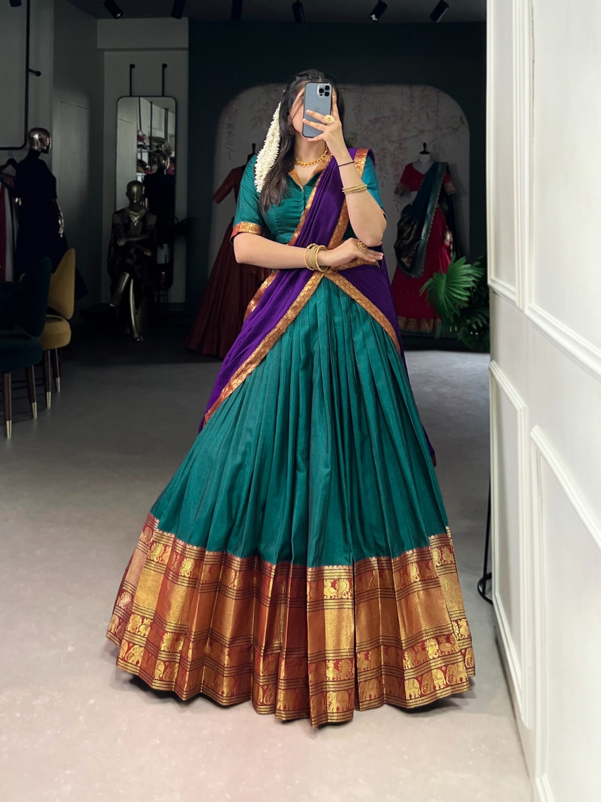 Traditional Narayanpet Cotton Zari Woven Lehenga Set with Dupatta & Belt