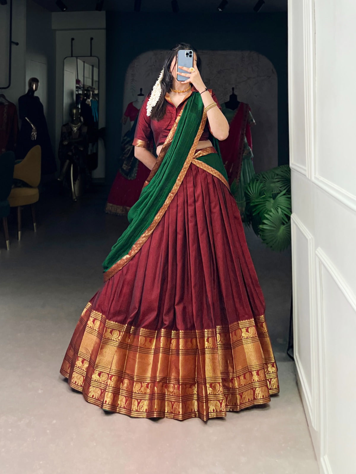 Traditional Narayanpet Cotton Zari Woven Lehenga Set with Dupatta & Belt