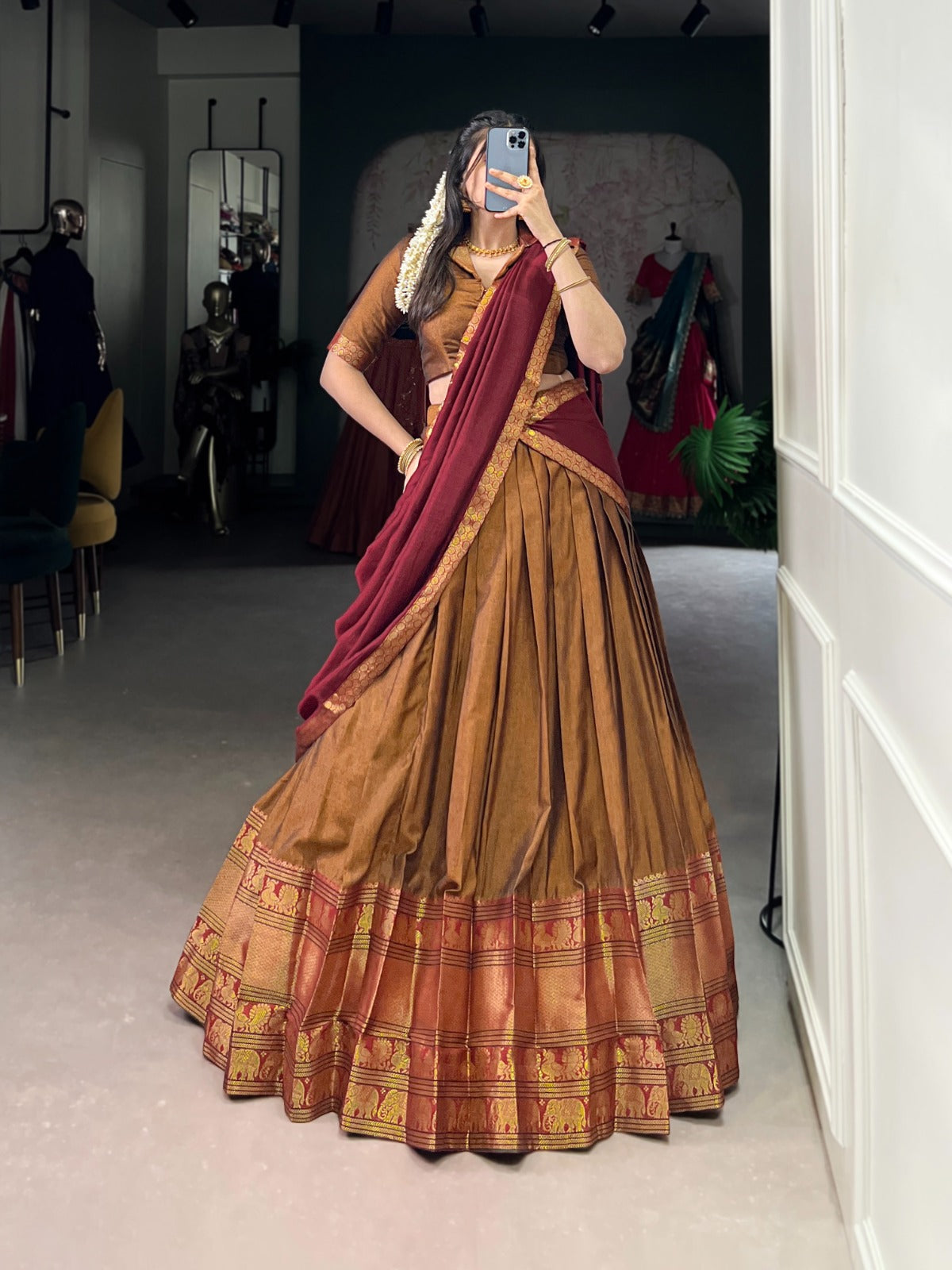 Traditional Narayanpet Cotton Zari Woven Lehenga Set with Dupatta & Belt