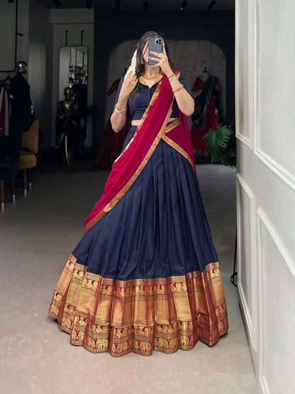 Traditional Narayanpet Cotton Zari Woven Lehenga Set with Dupatta & Belt