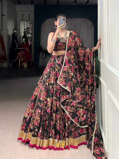 Floral Printed Chiffon Ghaghra Choli Set with Foil and Gotta Patti Work With Dupatta