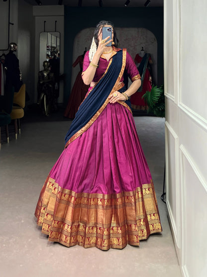 Traditional Narayanpet Cotton Zari Woven Lehenga Set with Dupatta & Belt
