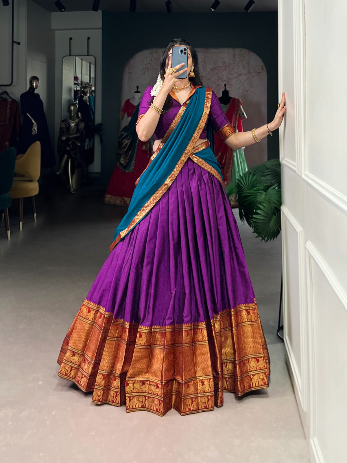 Traditional Narayanpet Cotton Zari Woven Lehenga Set with Dupatta & Belt