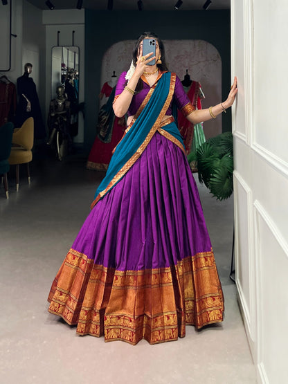 Traditional Narayanpet Cotton Zari Woven Lehenga Set with Dupatta & Belt
