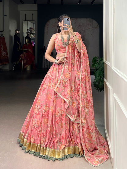 Floral Printed Chiffon Ghaghra Choli Set with Foil and Gotta Patti Work With Dupatta