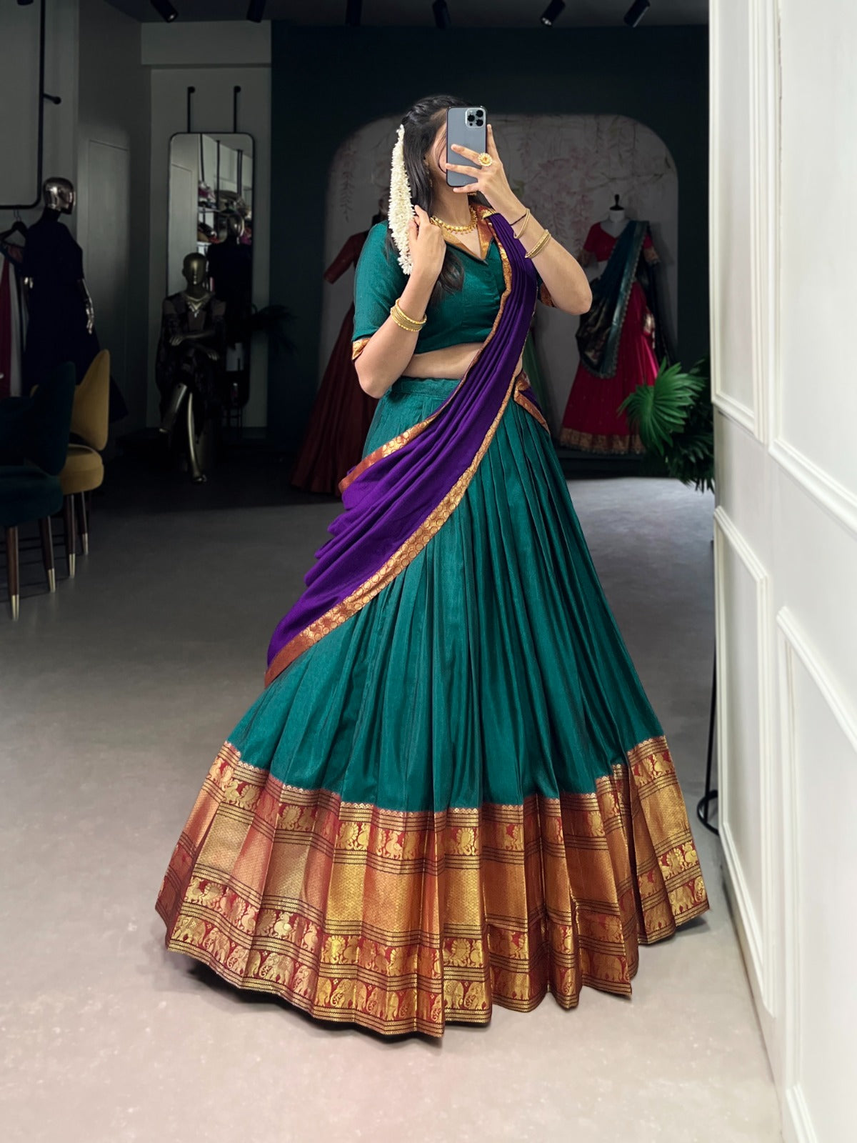 Traditional Narayanpet Cotton Zari Woven Lehenga Set with Dupatta & Belt