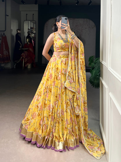Floral Printed Chiffon Ghaghra Choli Set with Foil and Gotta Patti Work With Dupatta