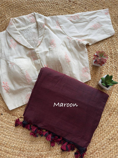 Elegant Pure Khadi Saree with Stitched Handcrafted Collar Blouse- Front Open