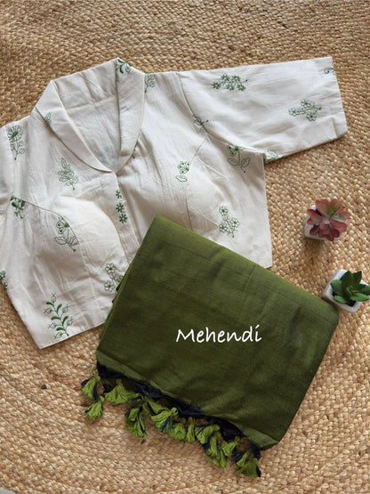 Elegant Pure Khadi Saree with Stitched Handcrafted Collar Blouse- Front Open