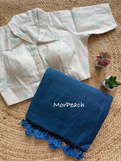 Elegant Pure Khadi Saree with Stitched Handcrafted Collar Blouse- Front Open