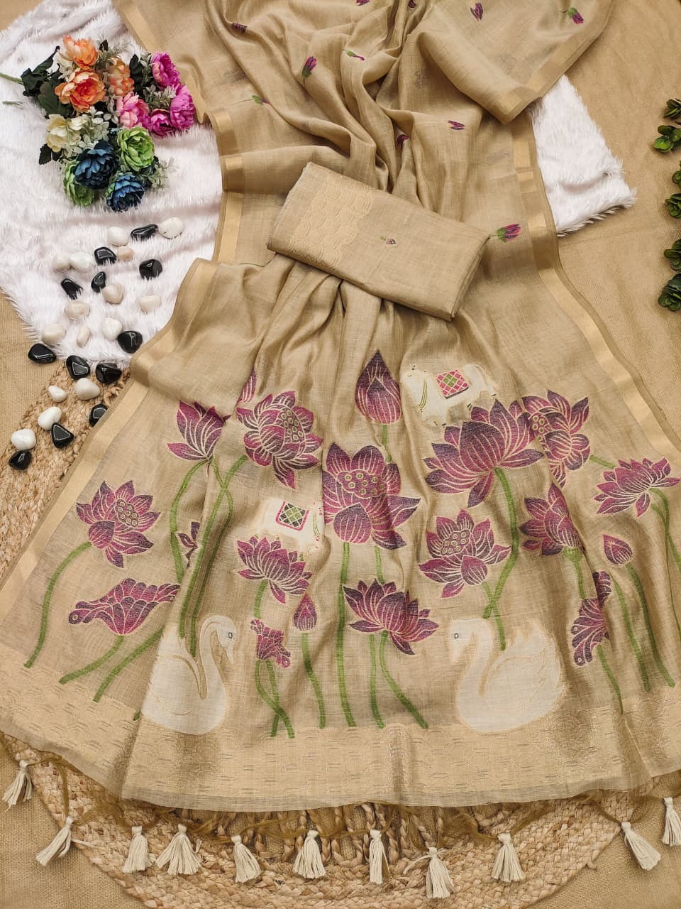 Premium Pichwai Soft Muga Cotton Saree with Swan & Lotus Weaving