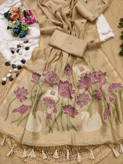 Premium Pichwai Soft Muga Cotton Saree with Swan & Lotus Weaving