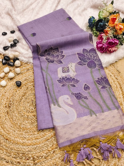 Premium Pichwai Soft Muga Cotton Saree with Swan & Lotus Weaving