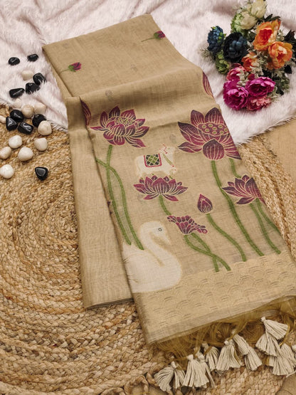 Premium Pichwai Soft Muga Cotton Saree with Swan & Lotus Weaving