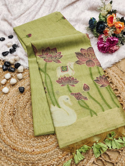 Premium Pichwai Soft Muga Cotton Saree with Swan & Lotus Weaving