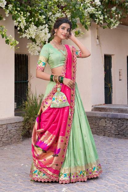 Paithani Jacquard Silk Lehenga Set with Zari Weaving & Embroidered Dupatta