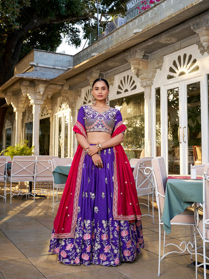 Royal Purple Vichitra Silk Embroidered Lehenga Set with Dupatta