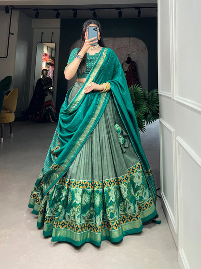 Emerald Green Tasar Silk Lehenga Choli with Floral & Foil Print Detailing