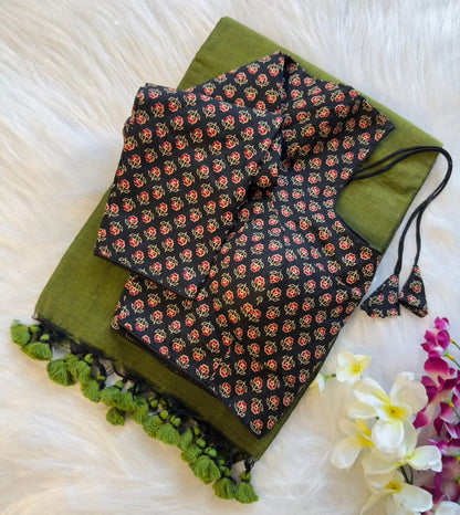 Pure Khadi Cotton Saree with Readymade Long Sleeves Ajrakh Print Blouse