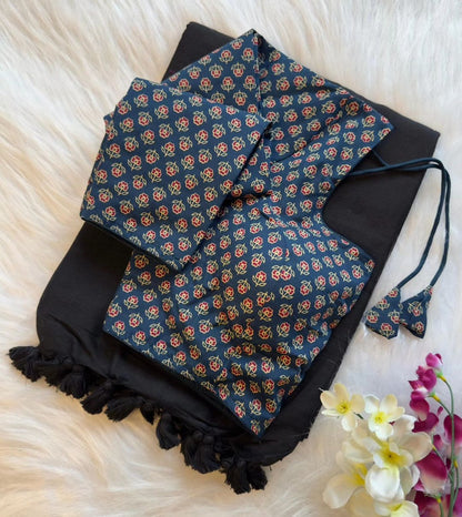 Pure Khadi Cotton Saree with Readymade Long Sleeves Ajrakh Print Blouse