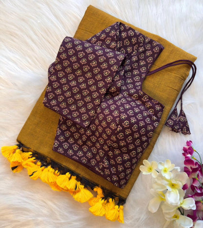 Pure Khadi Cotton Saree with Readymade Long Sleeves Ajrakh Print Blouse