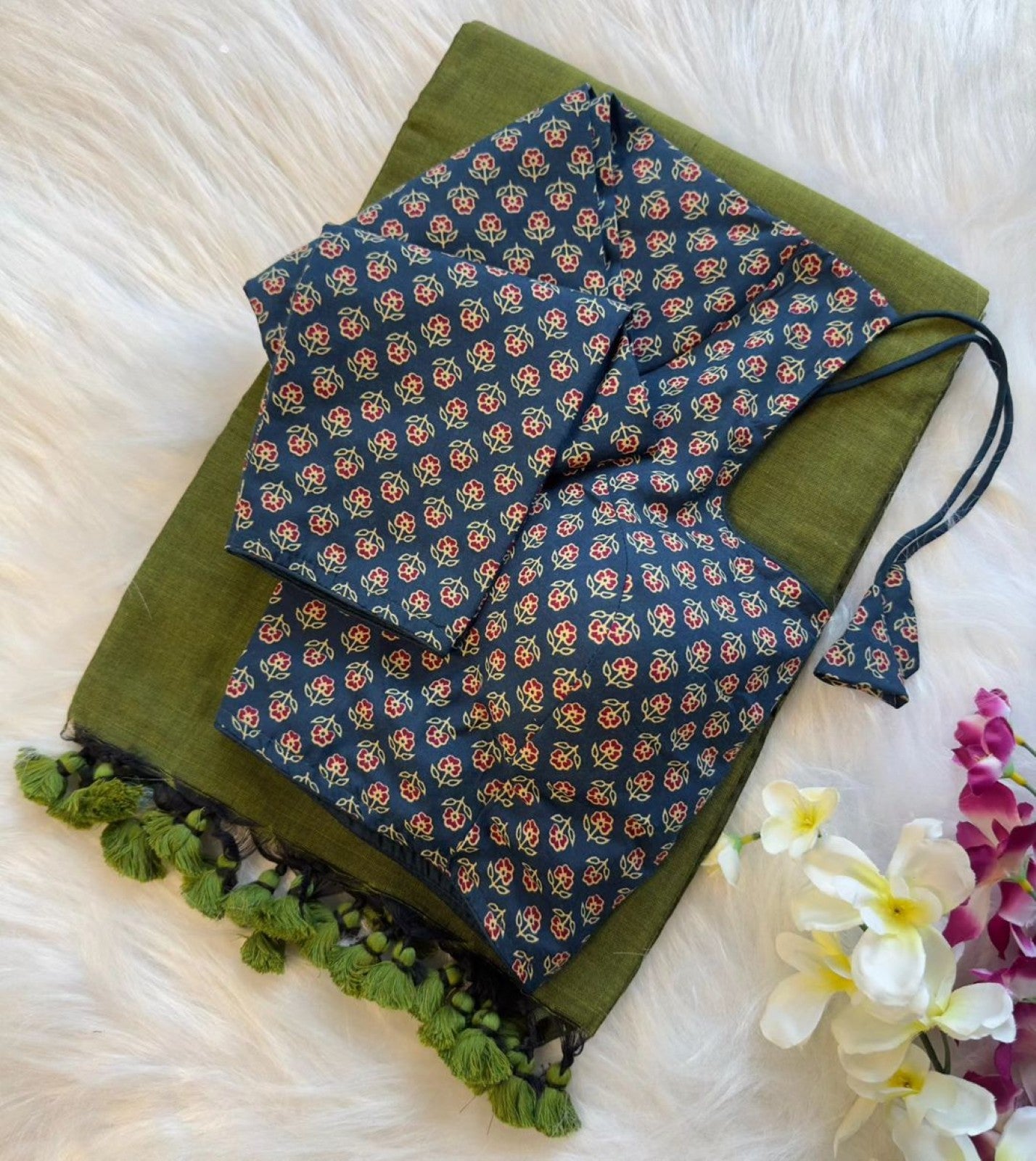 Pure Khadi Cotton Saree with Readymade Long Sleeves Ajrakh Print Blouse