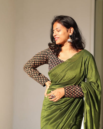 Pure Khadi Cotton Saree with Readymade Long Sleeves Ajrakh Print Blouse