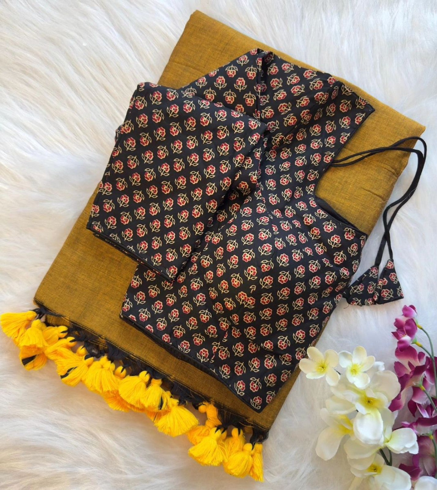 Pure Khadi Cotton Saree with Readymade Long Sleeves Ajrakh Print Blouse