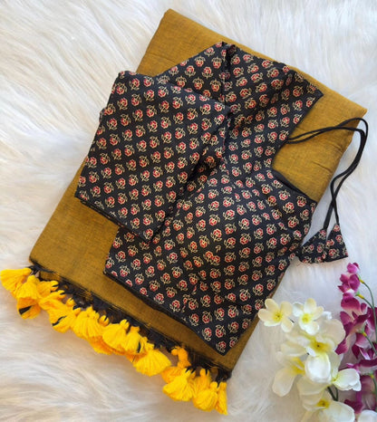 Pure Khadi Cotton Saree with Readymade Long Sleeves Ajrakh Print Blouse