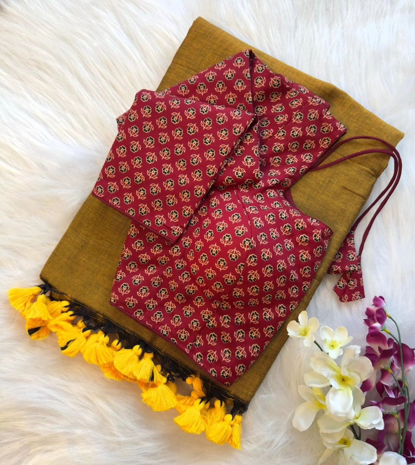 Pure Khadi Cotton Saree with Readymade Long Sleeves Ajrakh Print Blouse