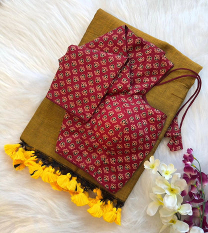 Pure Khadi Cotton Saree with Readymade Long Sleeves Ajrakh Print Blouse