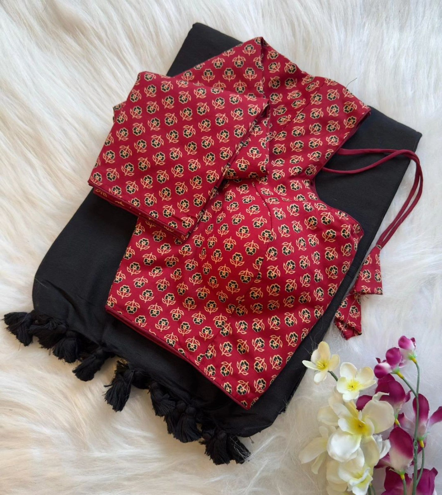 Pure Khadi Cotton Saree with Readymade Long Sleeves Ajrakh Print Blouse