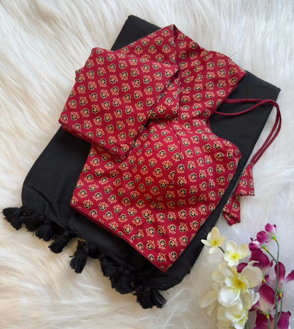 Pure Khadi Cotton Saree with Readymade Long Sleeves Ajrakh Print Blouse