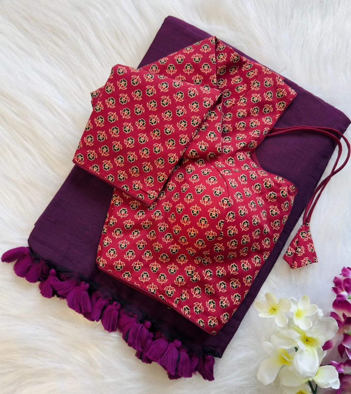 Pure Khadi Cotton Saree with Readymade Long Sleeves Ajrakh Print Blouse