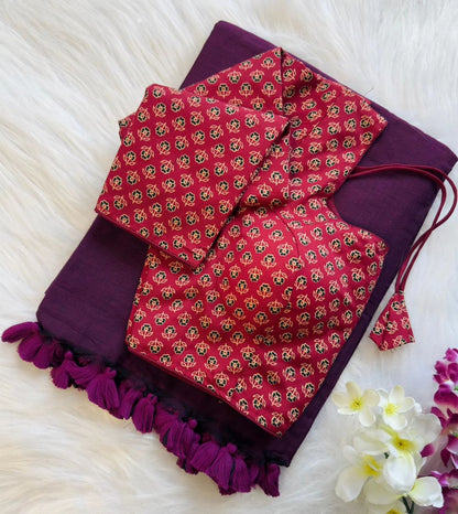 Pure Khadi Cotton Saree with Readymade Long Sleeves Ajrakh Print Blouse