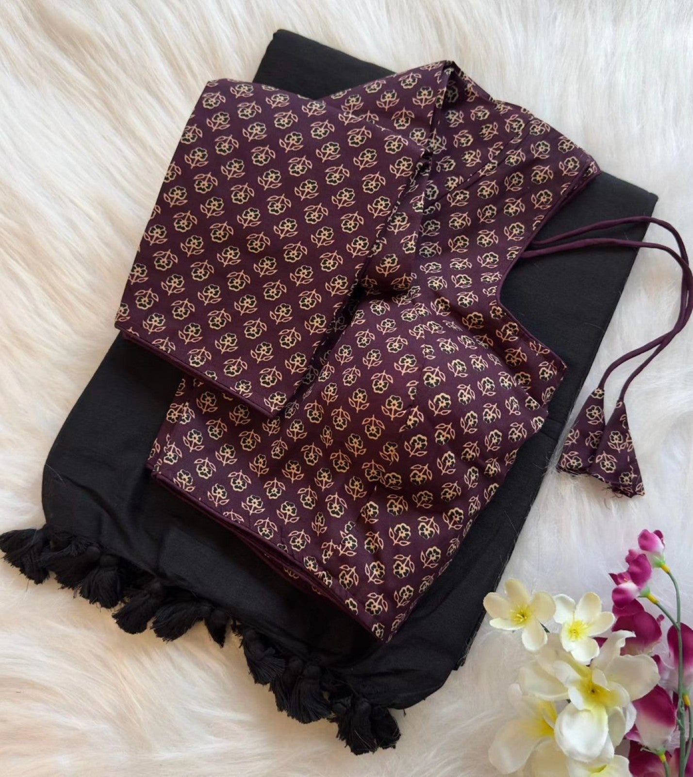 Pure Khadi Cotton Saree with Readymade Long Sleeves Ajrakh Print Blouse