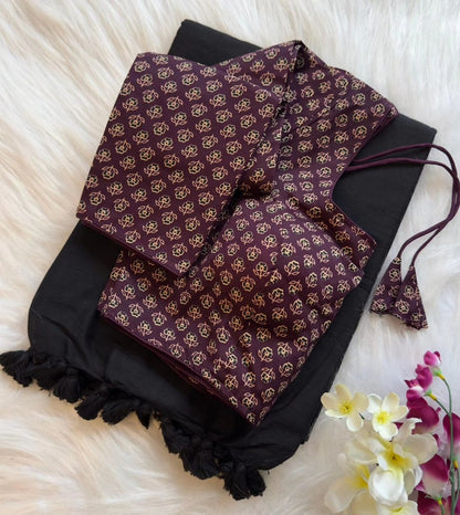 Pure Khadi Cotton Saree with Readymade Long Sleeves Ajrakh Print Blouse