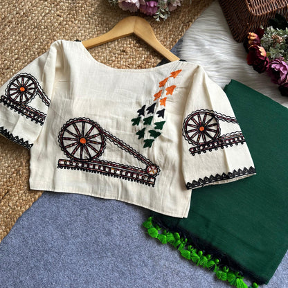 Khadi Cotton Saree with Heavy Khadi Cotton Applique Blouse