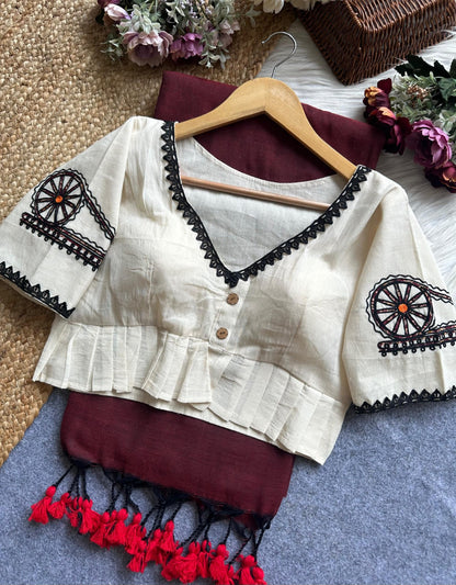 Khadi Cotton Saree with Heavy Khadi Cotton Applique Blouse
