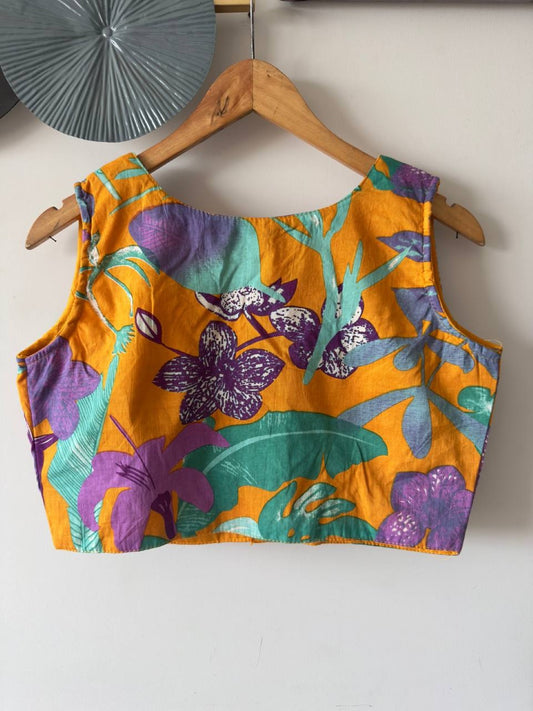 Deep V neck Floral Print Sleeveless Cotton Blouse Front open top for Women