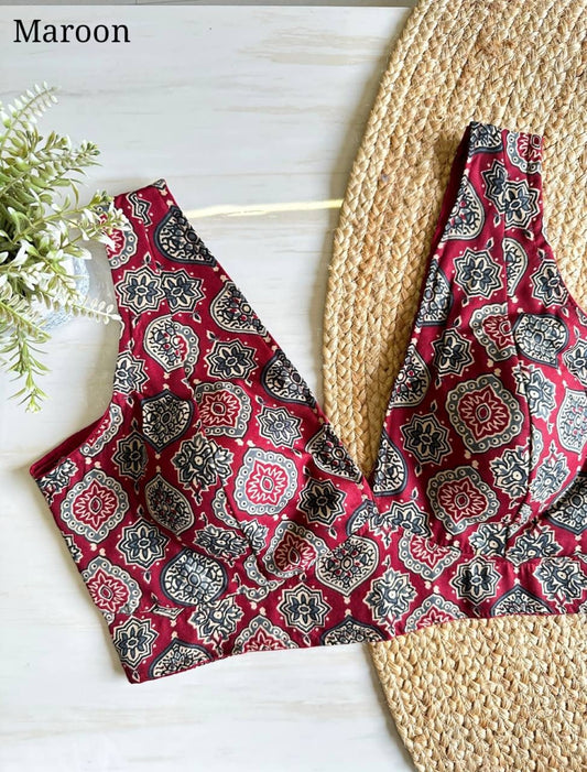 Ajrakh Print Padded Cotton Blouse Sleeveless Deep V neck Top Tunic for Women