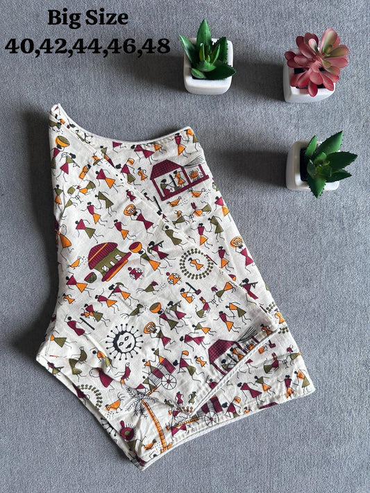 Beige Floral Print Cotton Blouse Non Padded Boat Neck Big Size Crop Top